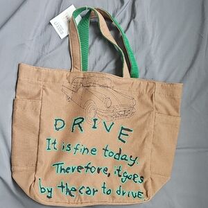 Canvas Tote Bag with Car Design - Tan and Green